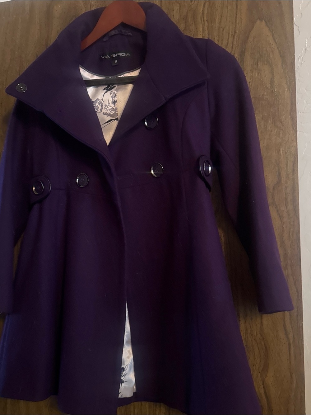 Via Spiga Deep Purple Double-Breasted A-Line Pea Coat